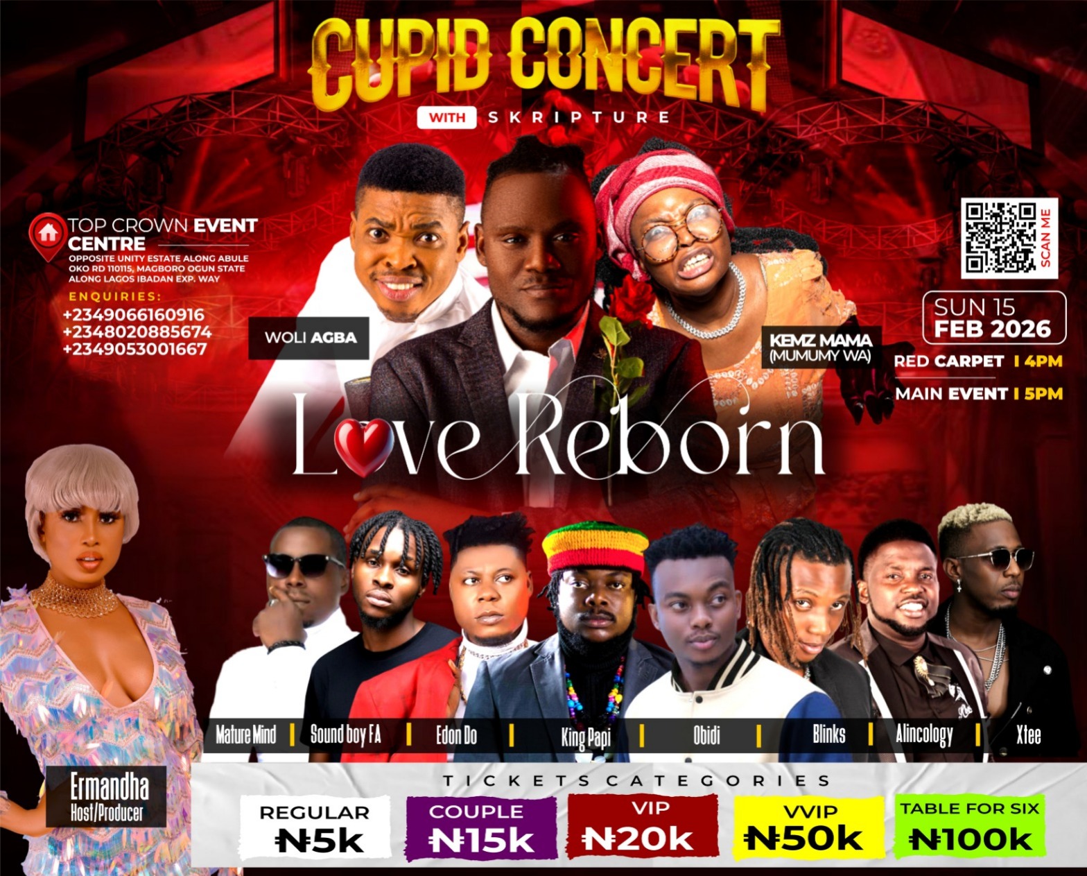 Event poster with pictures of Ermandha, Skripture, Blinkz Baba, Woli Agba, Kemz Mama (Mummy Wa) , Alincology and more